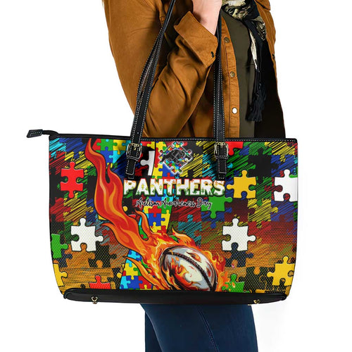 Panthers Autism Awareness Leather Tote Bag Puzzle Flames Rugby Ball