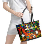 Panthers Autism Awareness Leather Tote Bag Puzzle Flames Rugby Ball