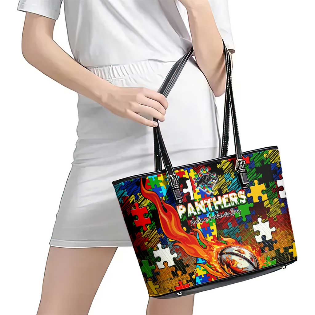 Panthers Autism Awareness Leather Tote Bag Puzzle Flames Rugby Ball