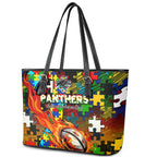 Panthers Autism Awareness Leather Tote Bag Puzzle Flames Rugby Ball