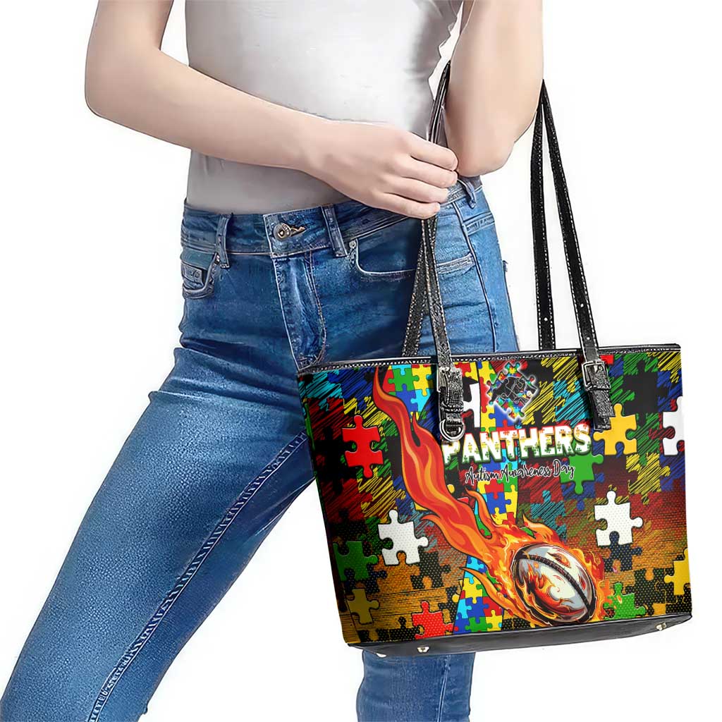 Panthers Autism Awareness Leather Tote Bag Puzzle Flames Rugby Ball