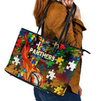 Panthers Autism Awareness Leather Tote Bag Puzzle Flames Rugby Ball