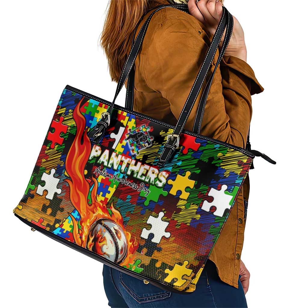 Panthers Autism Awareness Leather Tote Bag Puzzle Flames Rugby Ball