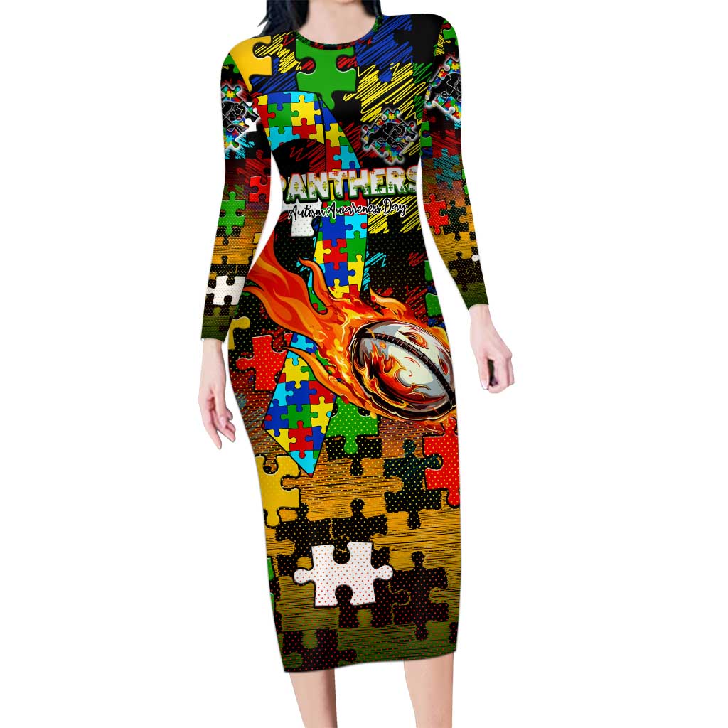 Panthers Autism Awareness Long Sleeve Bodycon Dress Puzzle Flames Rugby Ball