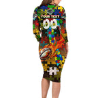 Panthers Autism Awareness Long Sleeve Bodycon Dress Puzzle Flames Rugby Ball
