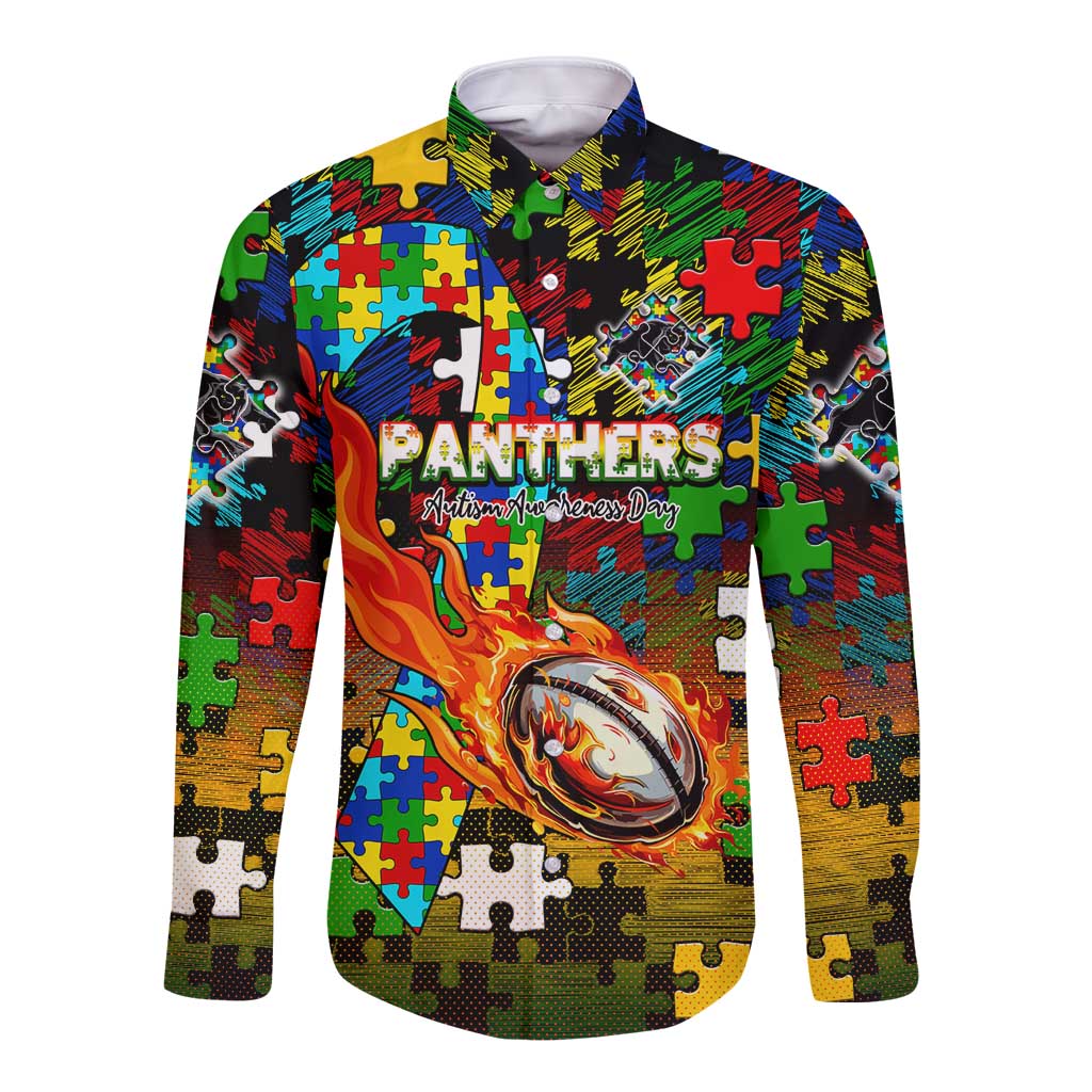 Panthers Autism Awareness Long Sleeve Button Shirt Puzzle Flames Rugby Ball
