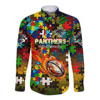 Panthers Autism Awareness Long Sleeve Button Shirt Puzzle Flames Rugby Ball
