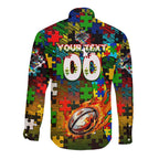 Panthers Autism Awareness Long Sleeve Button Shirt Puzzle Flames Rugby Ball