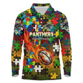 Panthers Autism Awareness Long Sleeve Polo Shirt Puzzle Flames Rugby Ball