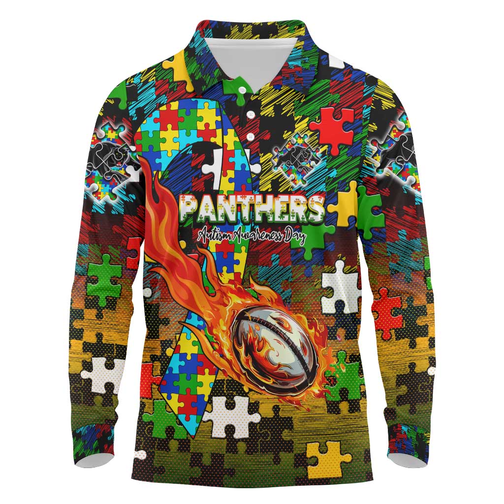 Panthers Autism Awareness Long Sleeve Polo Shirt Puzzle Flames Rugby Ball