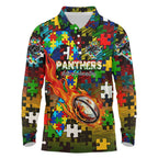 Panthers Autism Awareness Long Sleeve Polo Shirt Puzzle Flames Rugby Ball