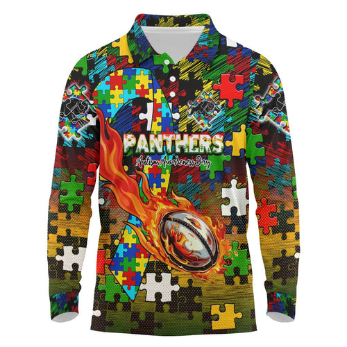 Panthers Autism Awareness Long Sleeve Polo Shirt Puzzle Flames Rugby Ball