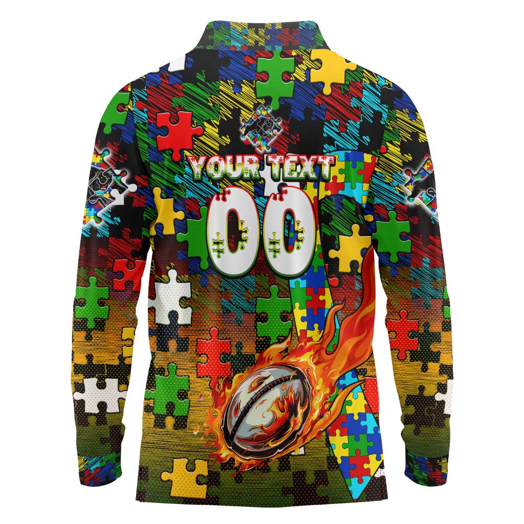 Panthers Autism Awareness Long Sleeve Polo Shirt Puzzle Flames Rugby Ball