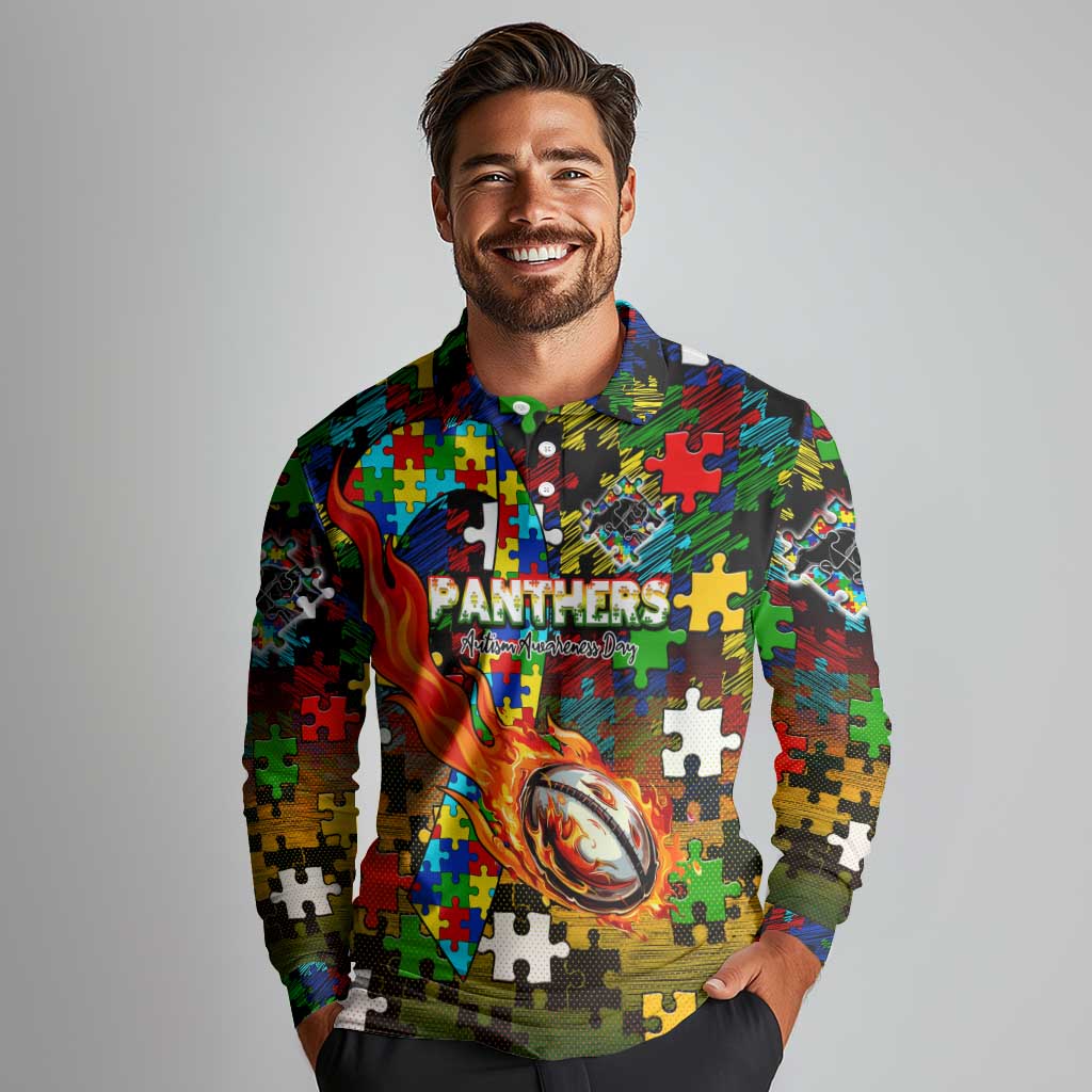 Panthers Autism Awareness Long Sleeve Polo Shirt Puzzle Flames Rugby Ball