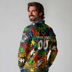Panthers Autism Awareness Long Sleeve Polo Shirt Puzzle Flames Rugby Ball