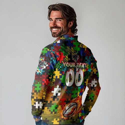 Panthers Autism Awareness Long Sleeve Polo Shirt Puzzle Flames Rugby Ball