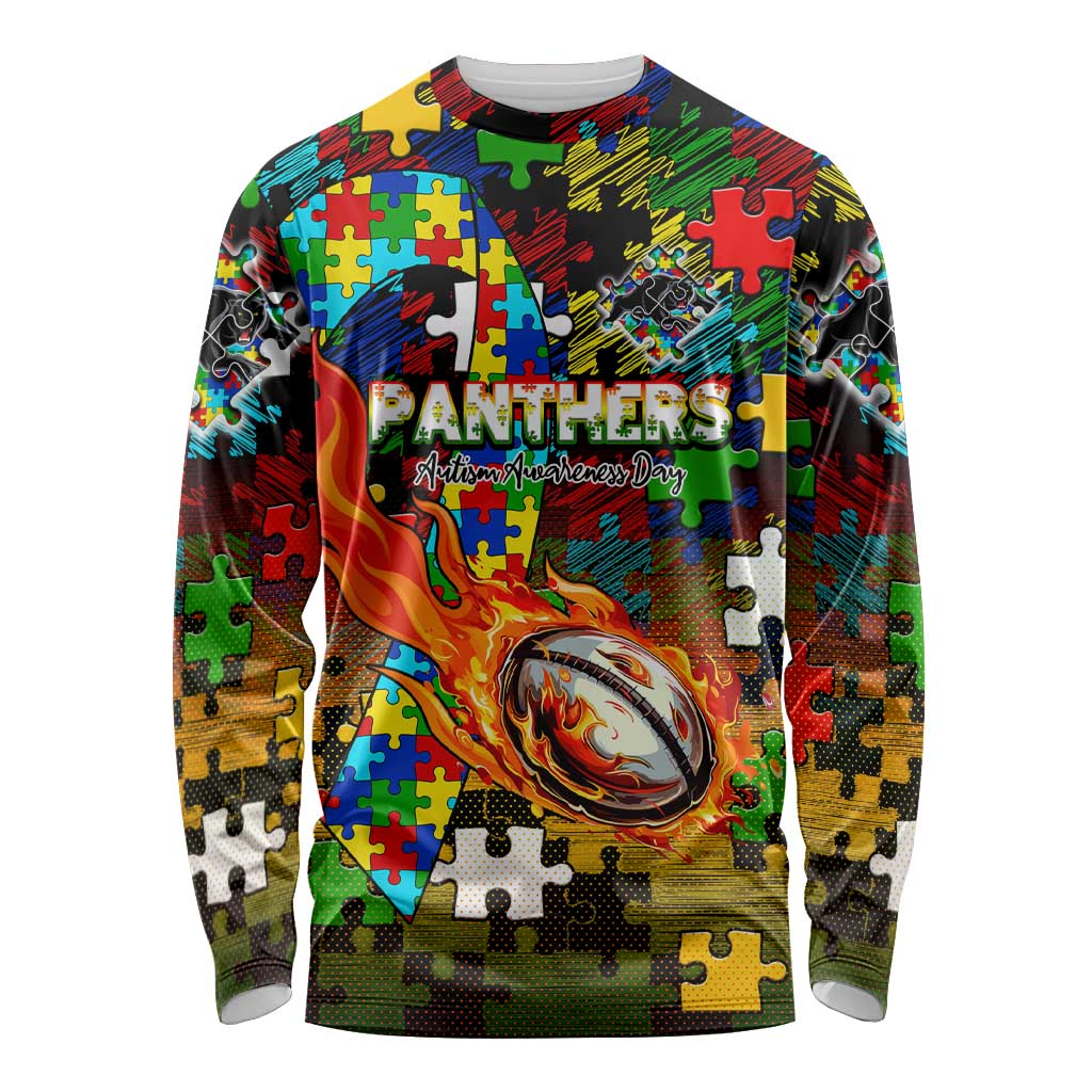Panthers Autism Awareness Long Sleeve Shirt Puzzle Flames Rugby Ball