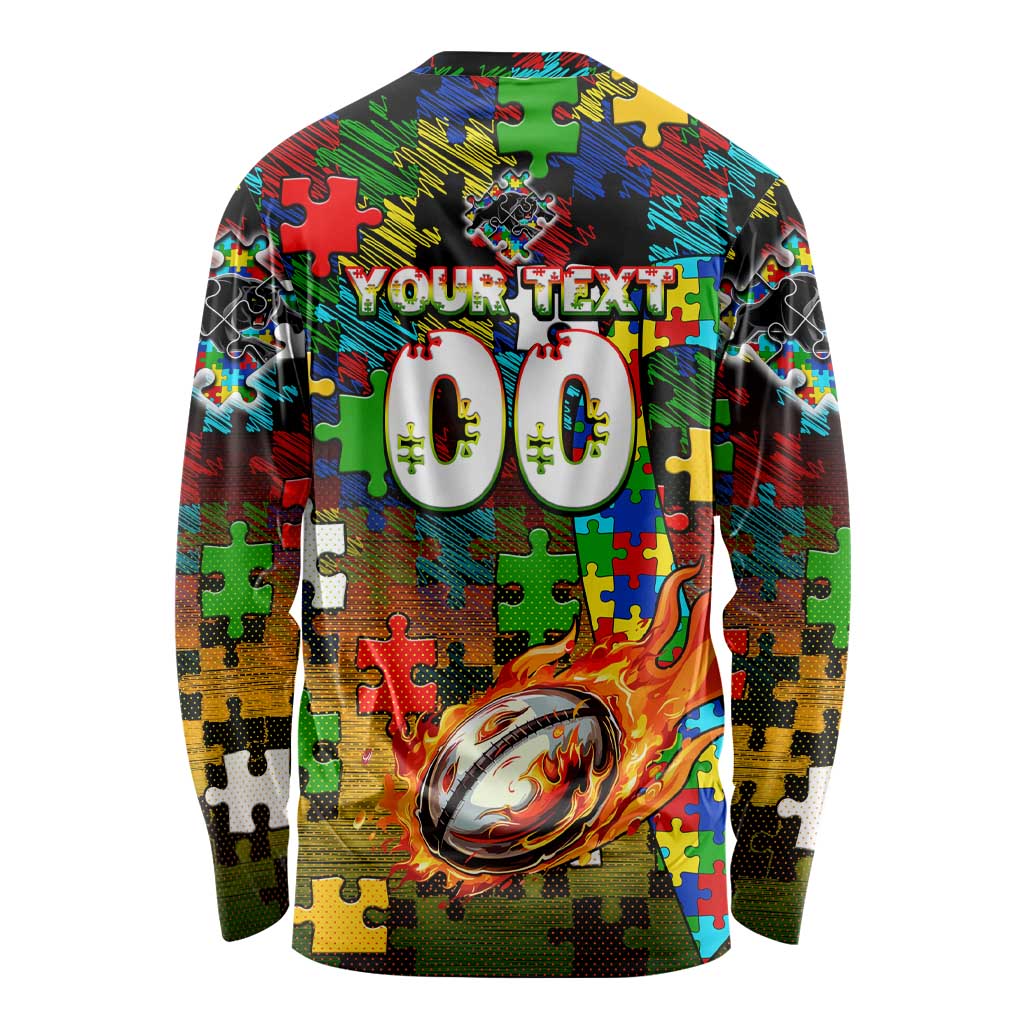Panthers Autism Awareness Long Sleeve Shirt Puzzle Flames Rugby Ball