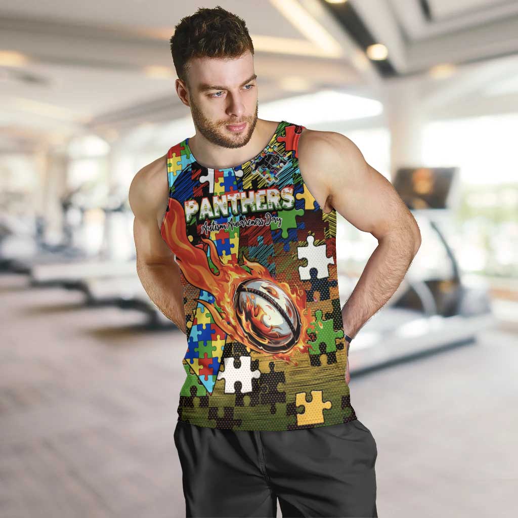 Panthers Autism Awareness Men Tank Top Puzzle Flames Rugby Ball
