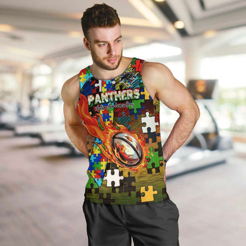 Panthers Autism Awareness Men Tank Top Puzzle Flames Rugby Ball