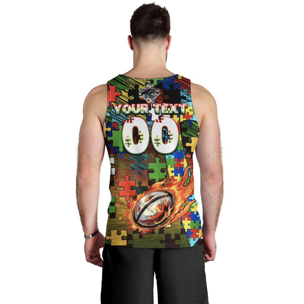 Panthers Autism Awareness Men Tank Top Puzzle Flames Rugby Ball