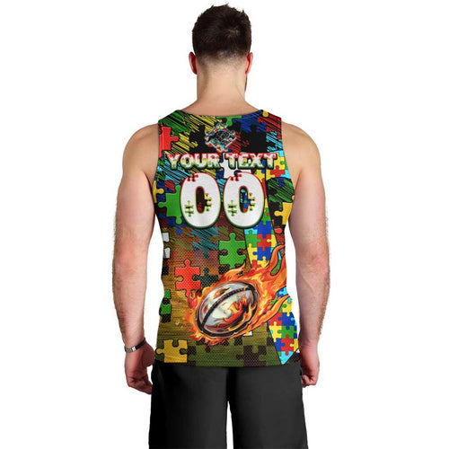Panthers Autism Awareness Men Tank Top Puzzle Flames Rugby Ball