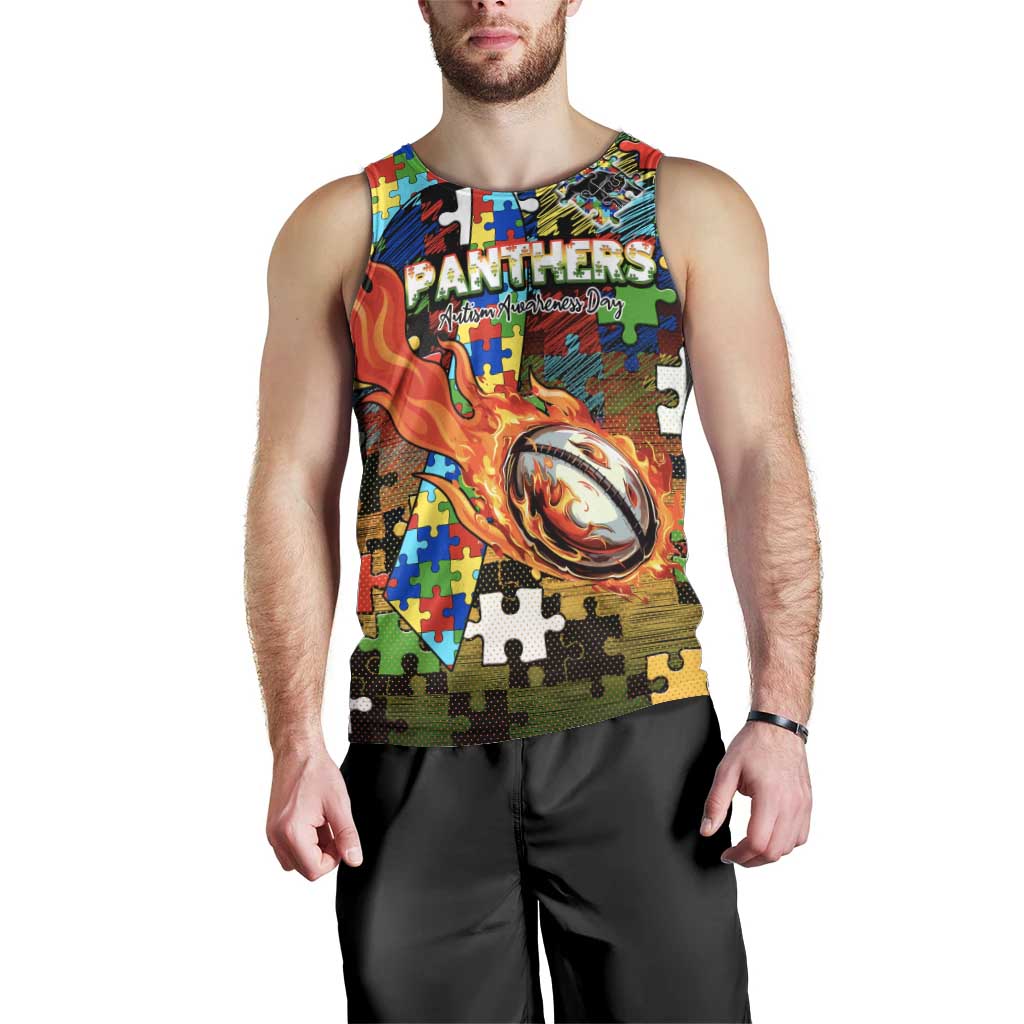 Panthers Autism Awareness Men Tank Top Puzzle Flames Rugby Ball
