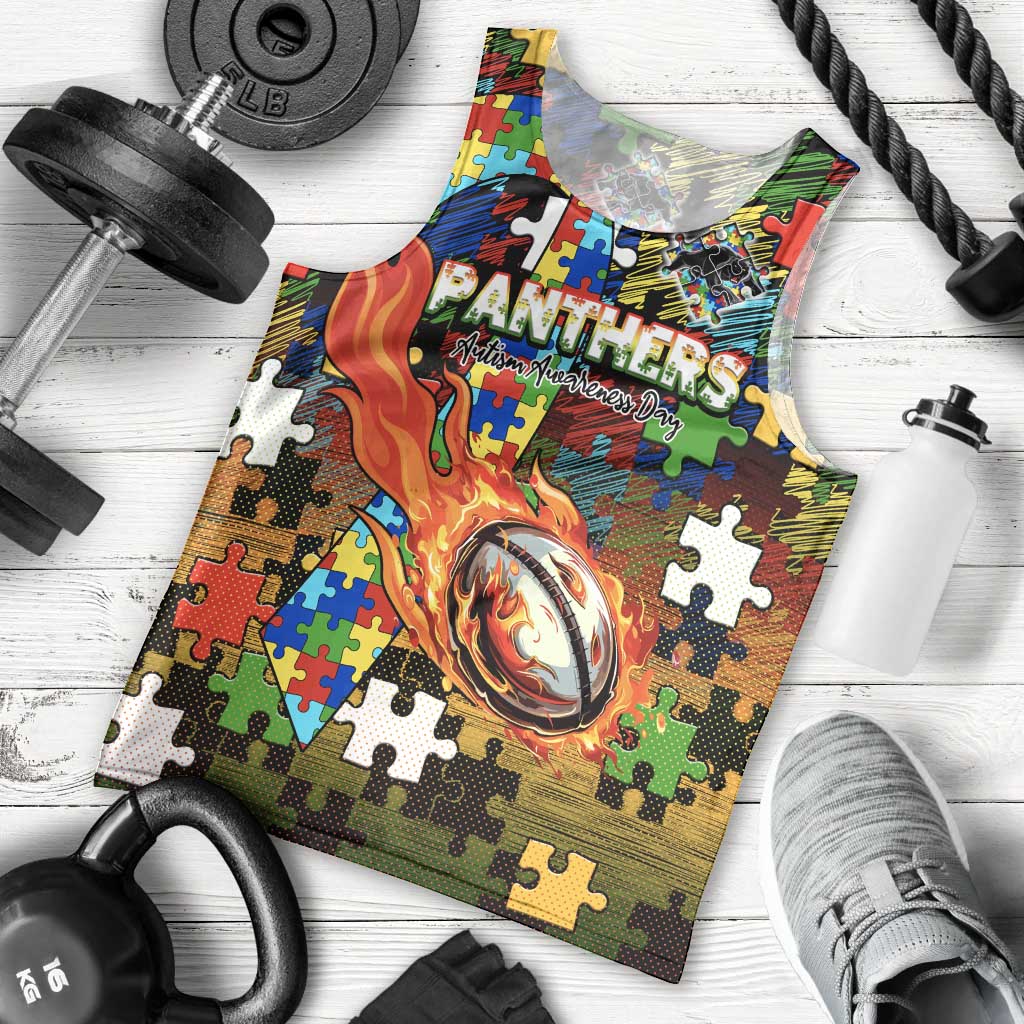 Panthers Autism Awareness Men Tank Top Puzzle Flames Rugby Ball