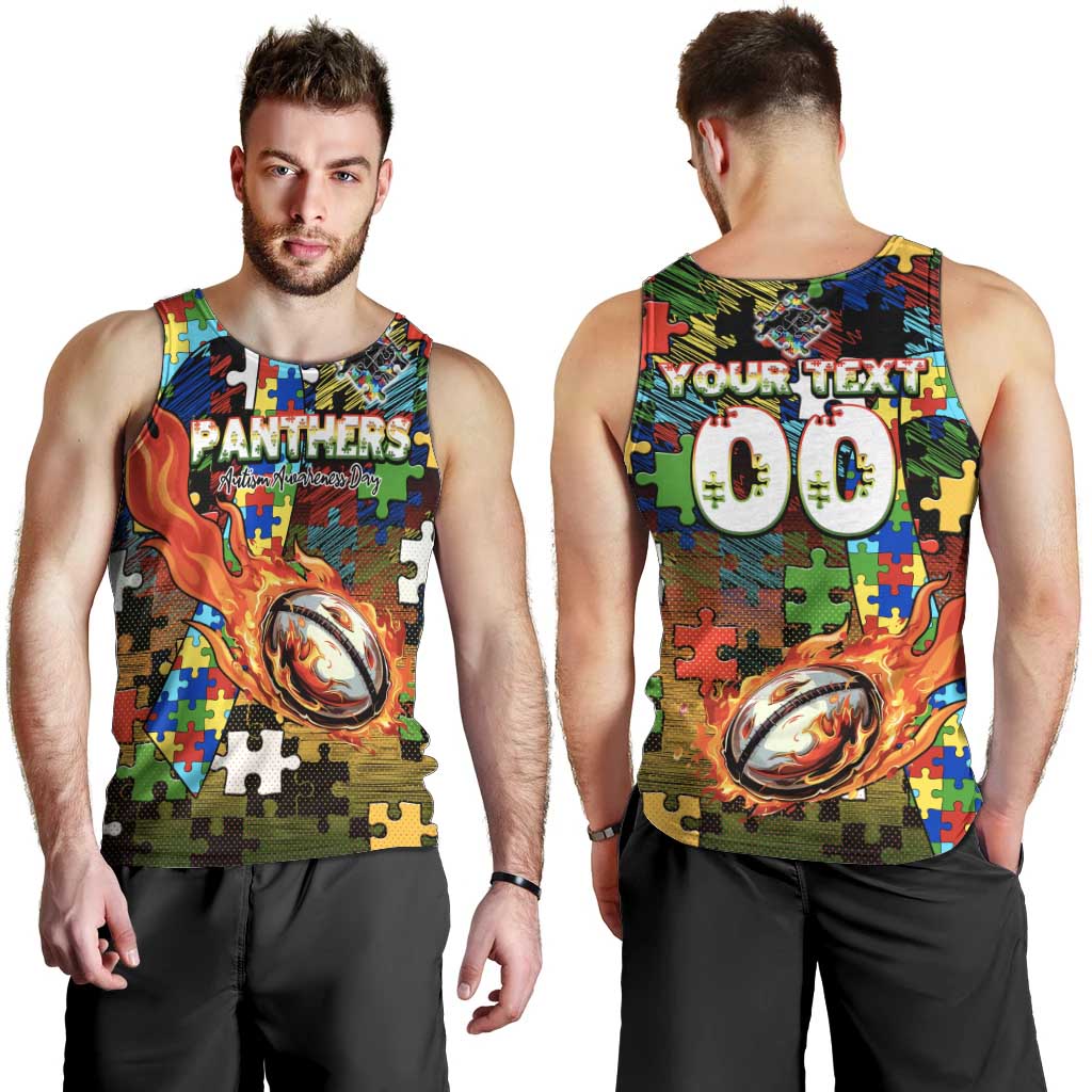 Panthers Autism Awareness Men Tank Top Puzzle Flames Rugby Ball
