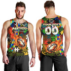 Panthers Autism Awareness Men Tank Top Puzzle Flames Rugby Ball