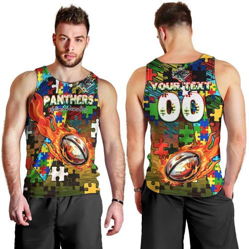 Panthers Autism Awareness Men Tank Top Puzzle Flames Rugby Ball