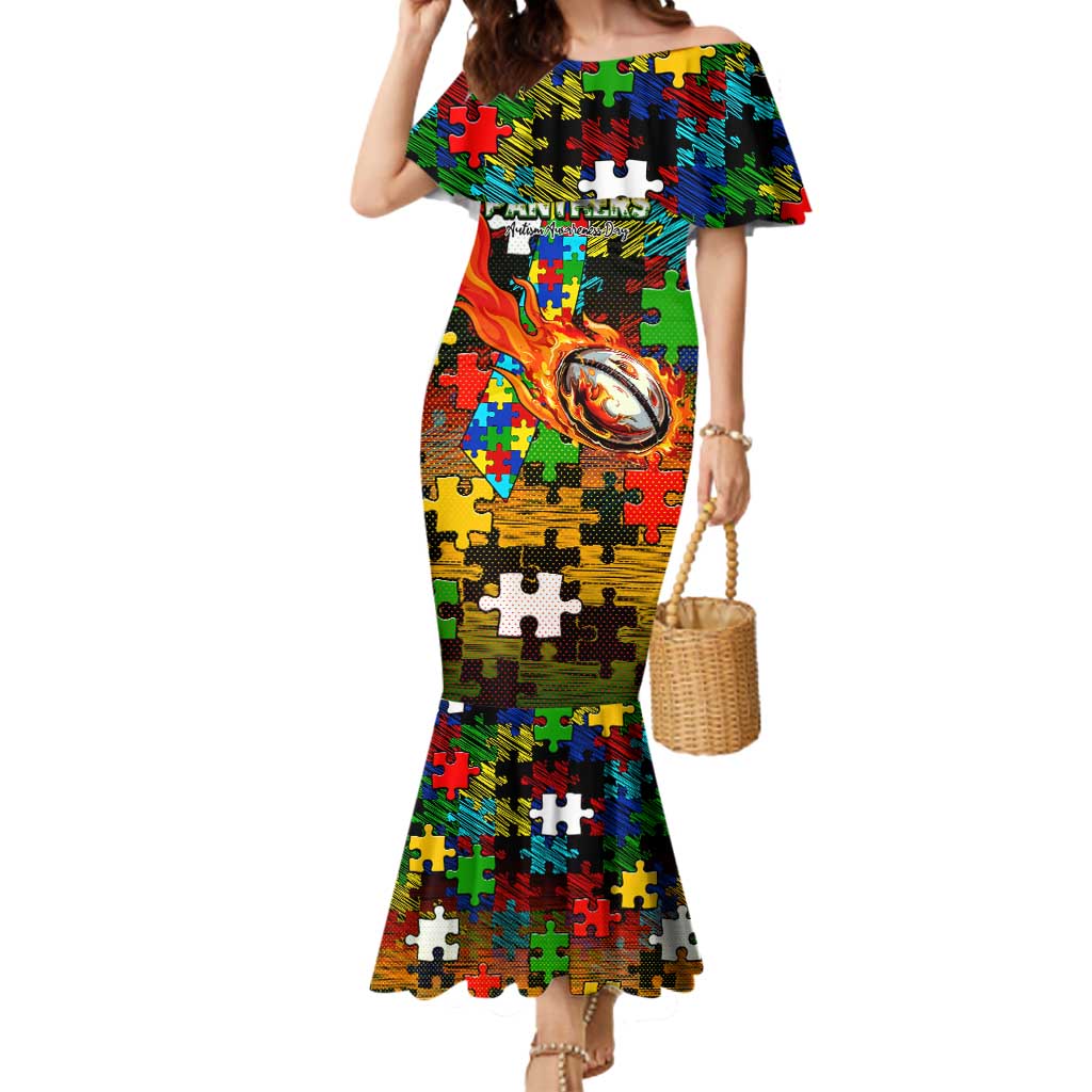 Panthers Autism Awareness Mermaid Dress Puzzle Flames Rugby Ball