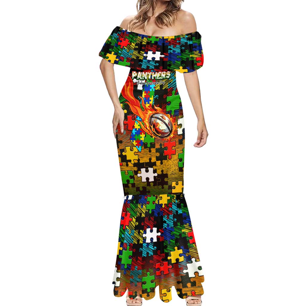 Panthers Autism Awareness Mermaid Dress Puzzle Flames Rugby Ball