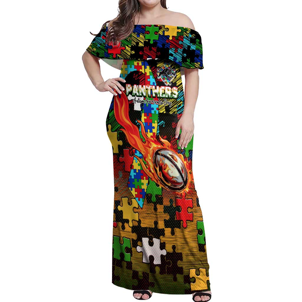Panthers Autism Awareness Off Shoulder Maxi Dress Puzzle Flames Rugby Ball