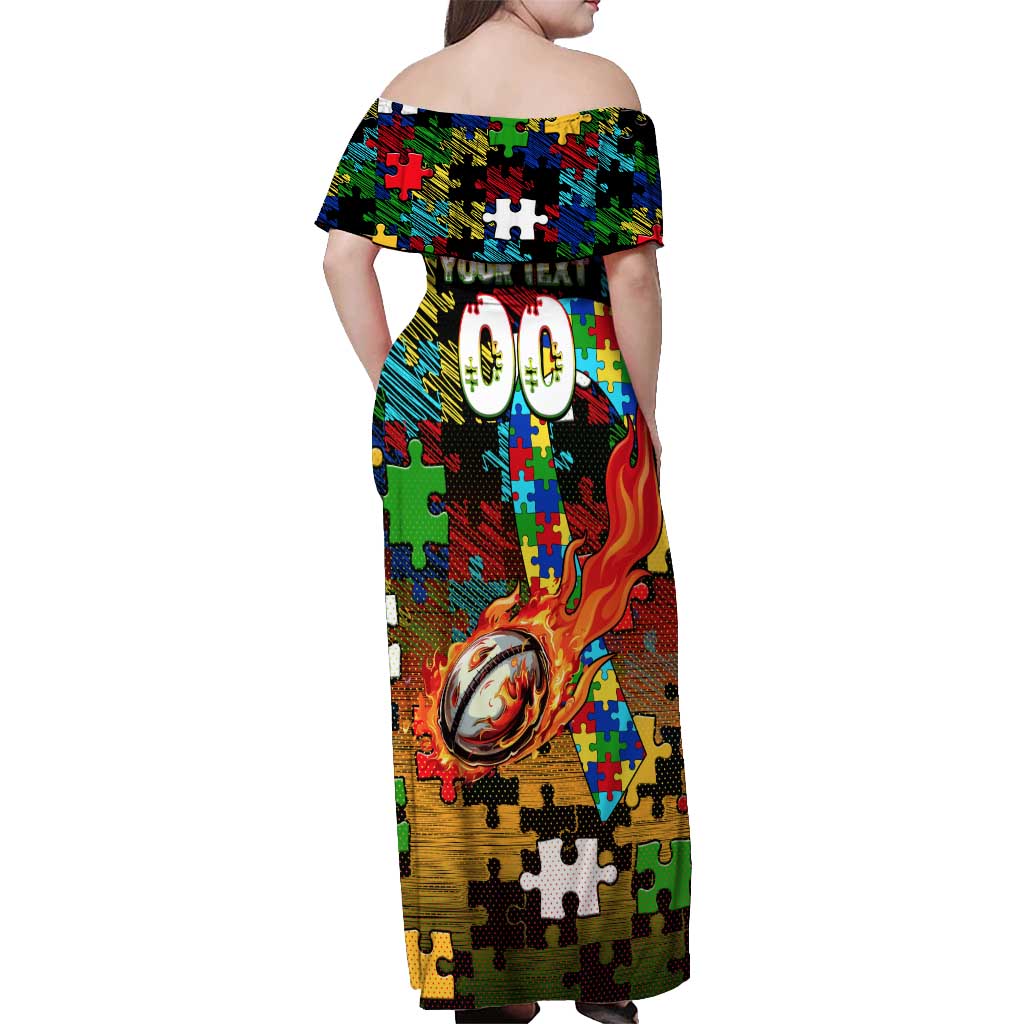 Panthers Autism Awareness Off Shoulder Maxi Dress Puzzle Flames Rugby Ball