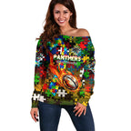 Panthers Autism Awareness Off Shoulder Sweater Puzzle Flames Rugby Ball