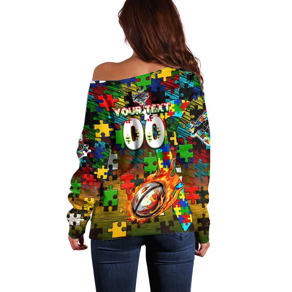 Panthers Autism Awareness Off Shoulder Sweater Puzzle Flames Rugby Ball