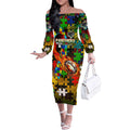 Panthers Autism Awareness Off The Shoulder Long Sleeve Dress Puzzle Flames Rugby Ball