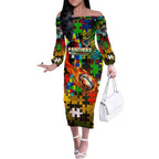 Panthers Autism Awareness Off The Shoulder Long Sleeve Dress Puzzle Flames Rugby Ball
