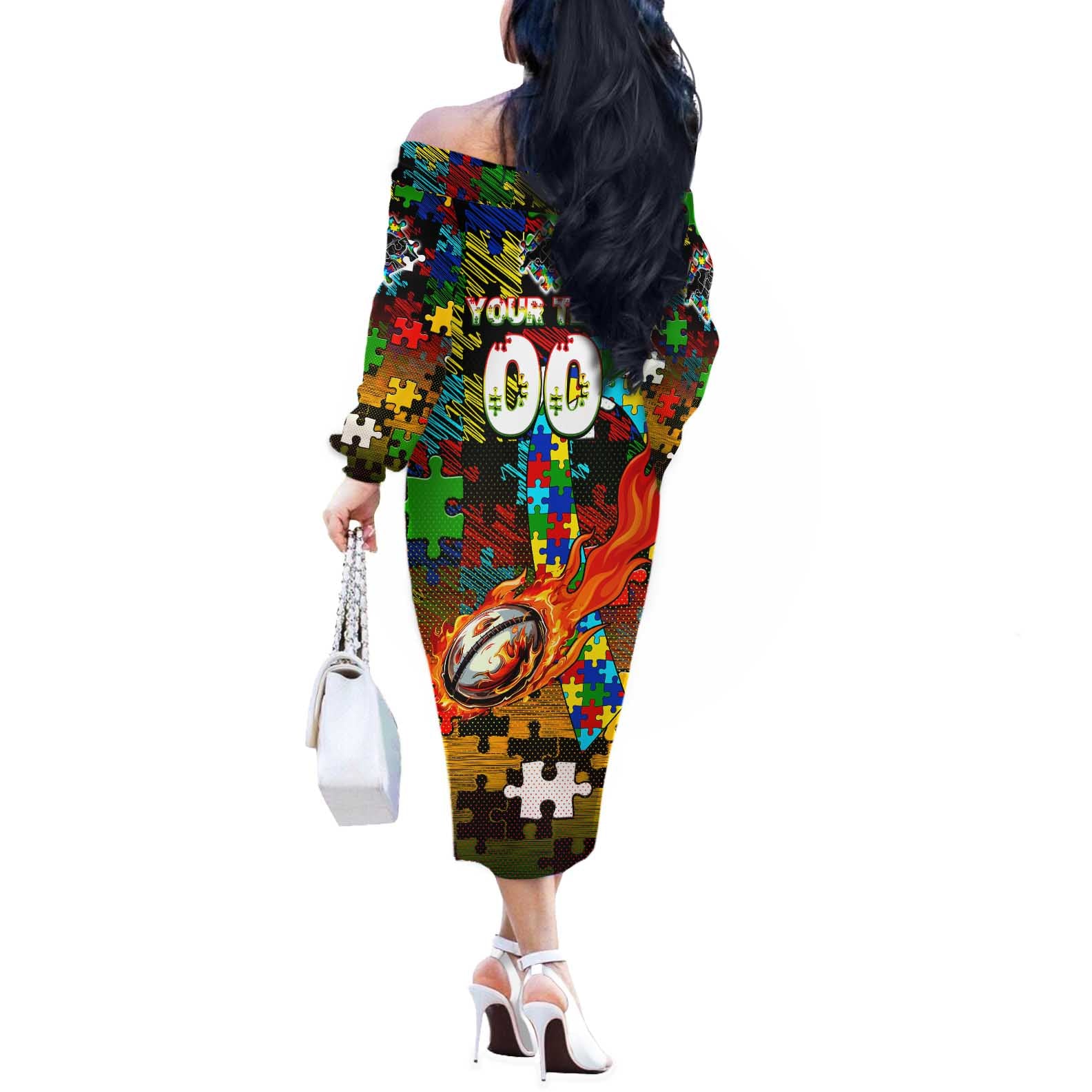 Panthers Autism Awareness Off The Shoulder Long Sleeve Dress Puzzle Flames Rugby Ball