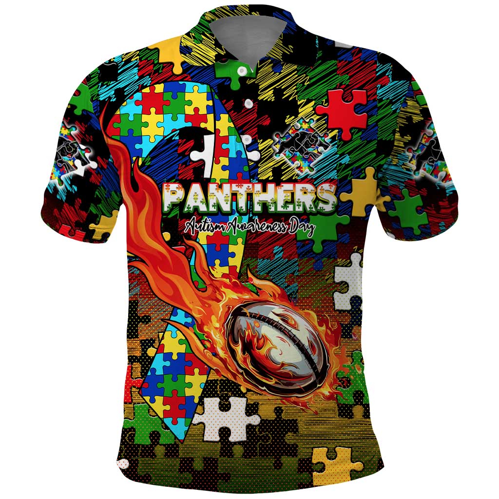 Panthers Autism Awareness Polo Shirt Puzzle Flames Rugby Ball