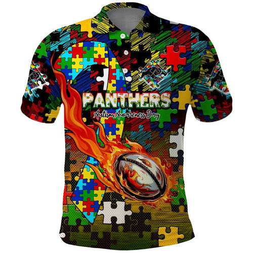 Panthers Autism Awareness Polo Shirt Puzzle Flames Rugby Ball