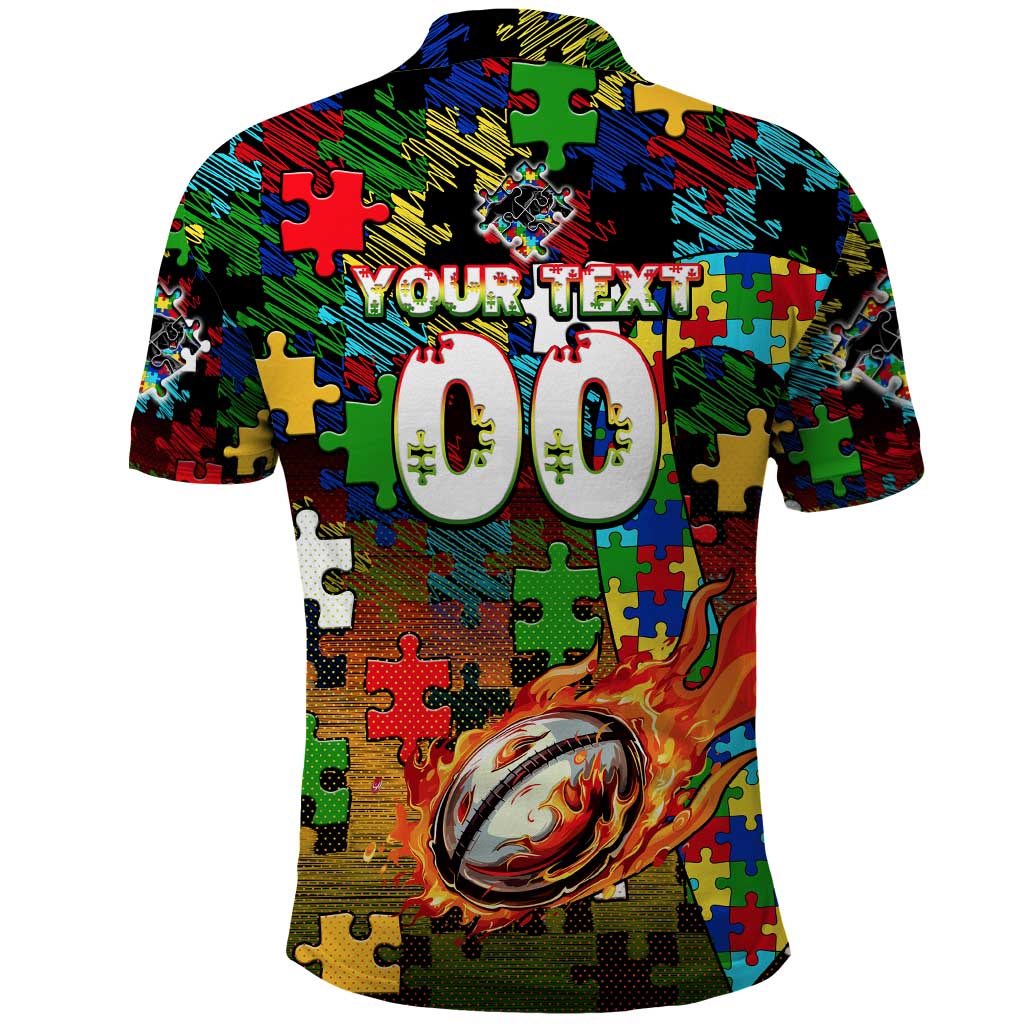 Panthers Autism Awareness Polo Shirt Puzzle Flames Rugby Ball