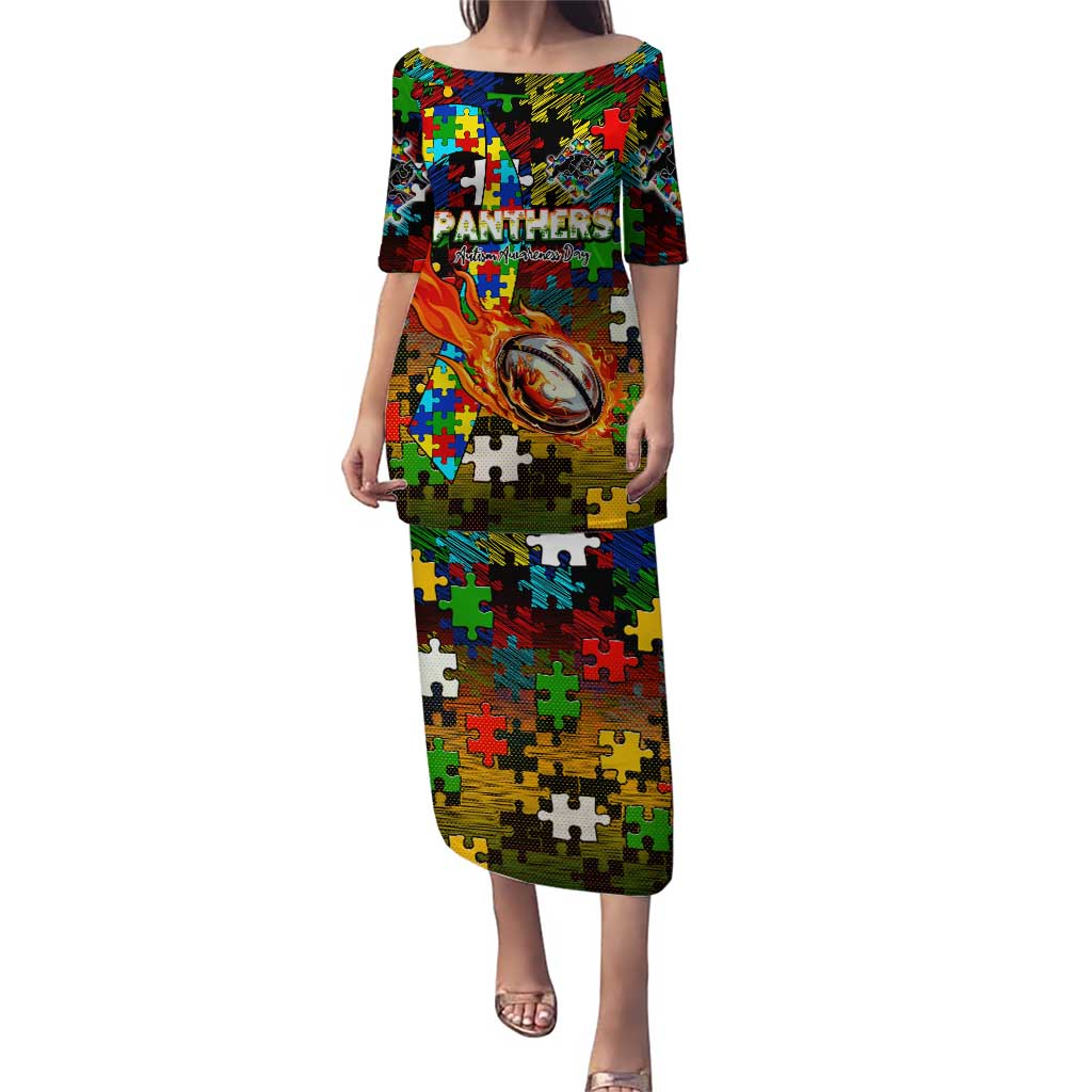 Panthers Autism Awareness Puletasi Puzzle Flames Rugby Ball