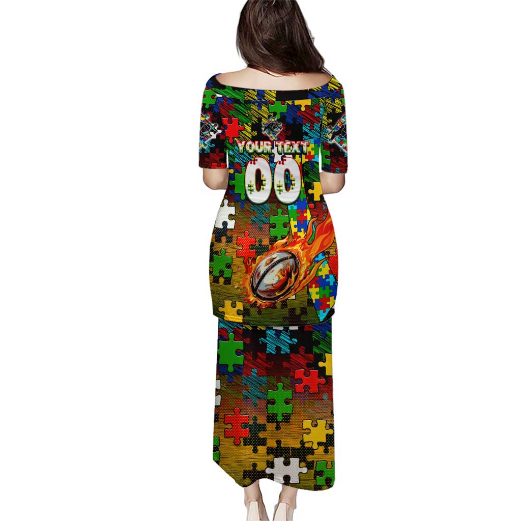 Panthers Autism Awareness Puletasi Puzzle Flames Rugby Ball