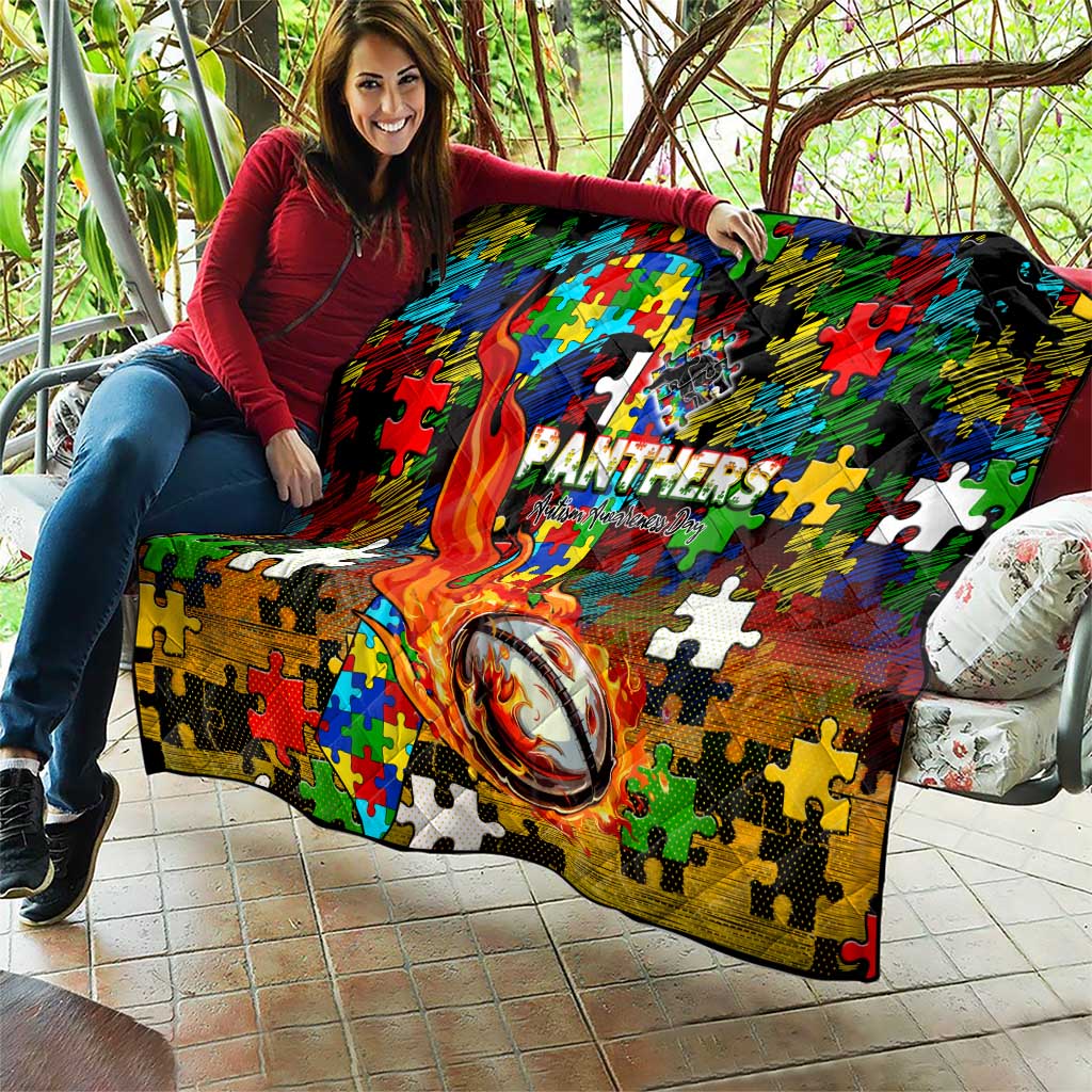 Panthers Autism Awareness Quilt Puzzle Flames Rugby Ball