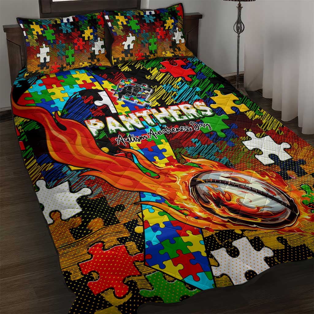 Panthers Autism Awareness Quilt Bed Set Puzzle Flames Rugby Ball