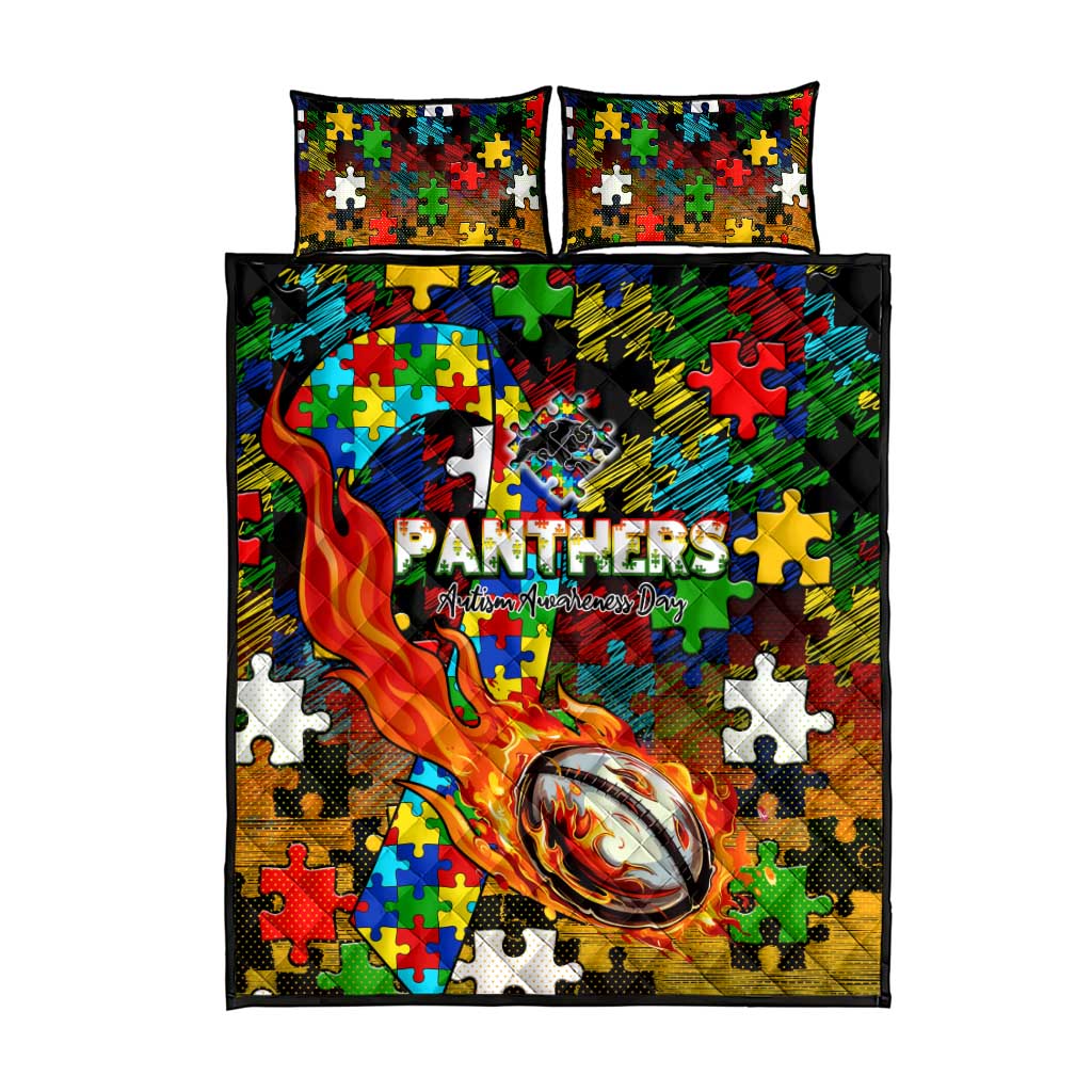 Panthers Autism Awareness Quilt Bed Set Puzzle Flames Rugby Ball