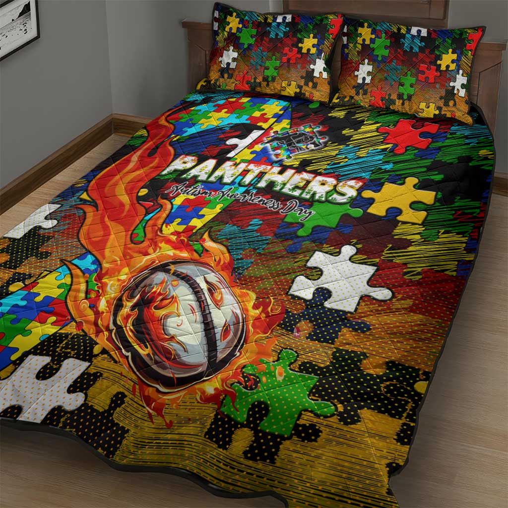 Panthers Autism Awareness Quilt Bed Set Puzzle Flames Rugby Ball