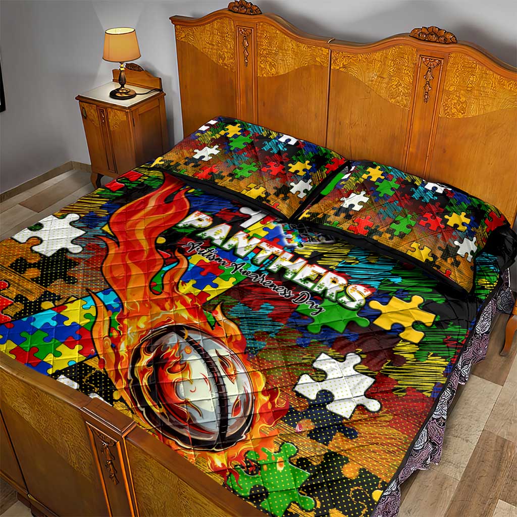 Panthers Autism Awareness Quilt Bed Set Puzzle Flames Rugby Ball